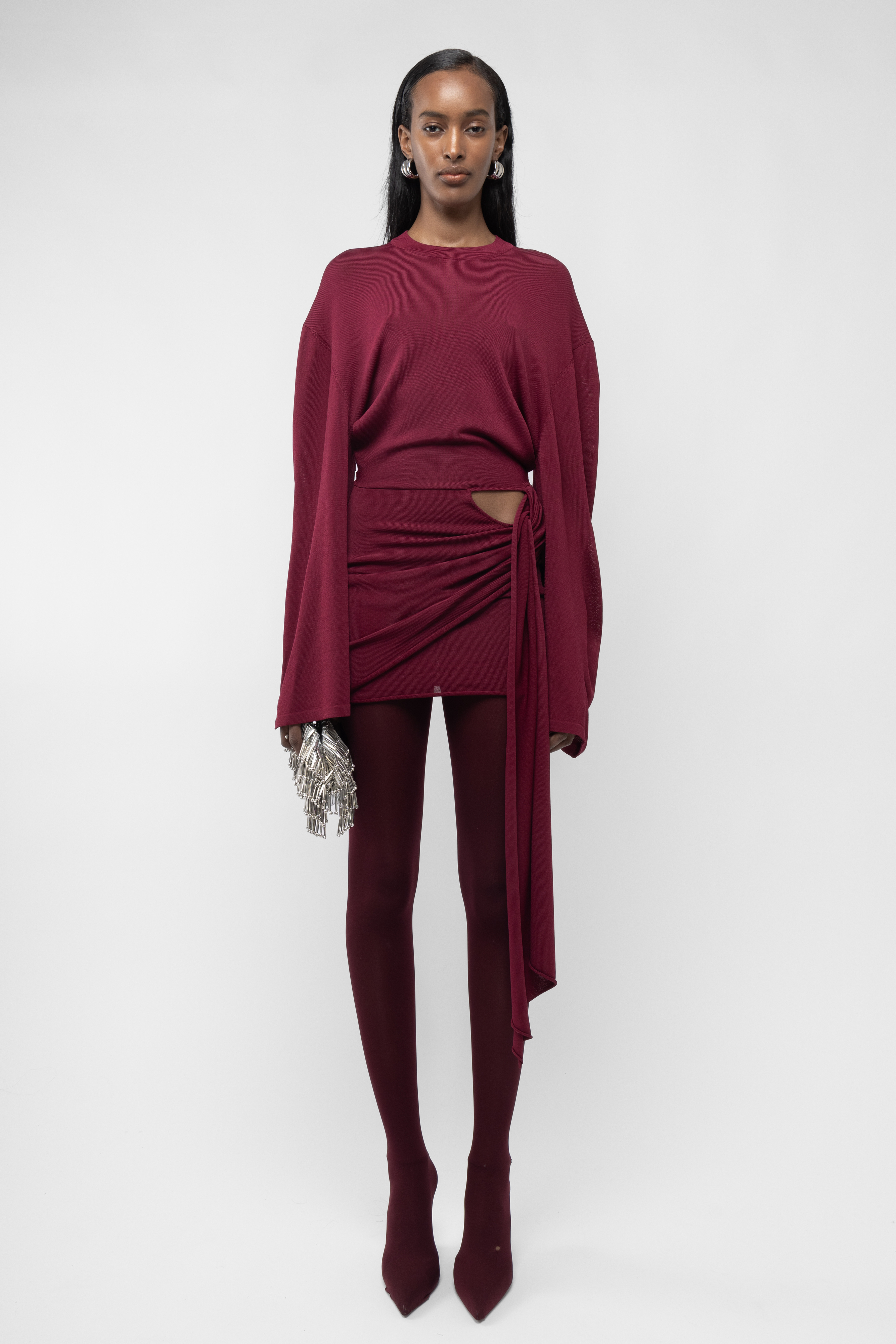オールインワン・サロペット The Attico Burgundy Draped Mini Dress With Long Sleeves THE ATTICO Long Sleeve Mini Dress in Red & Pink | REVOLVE