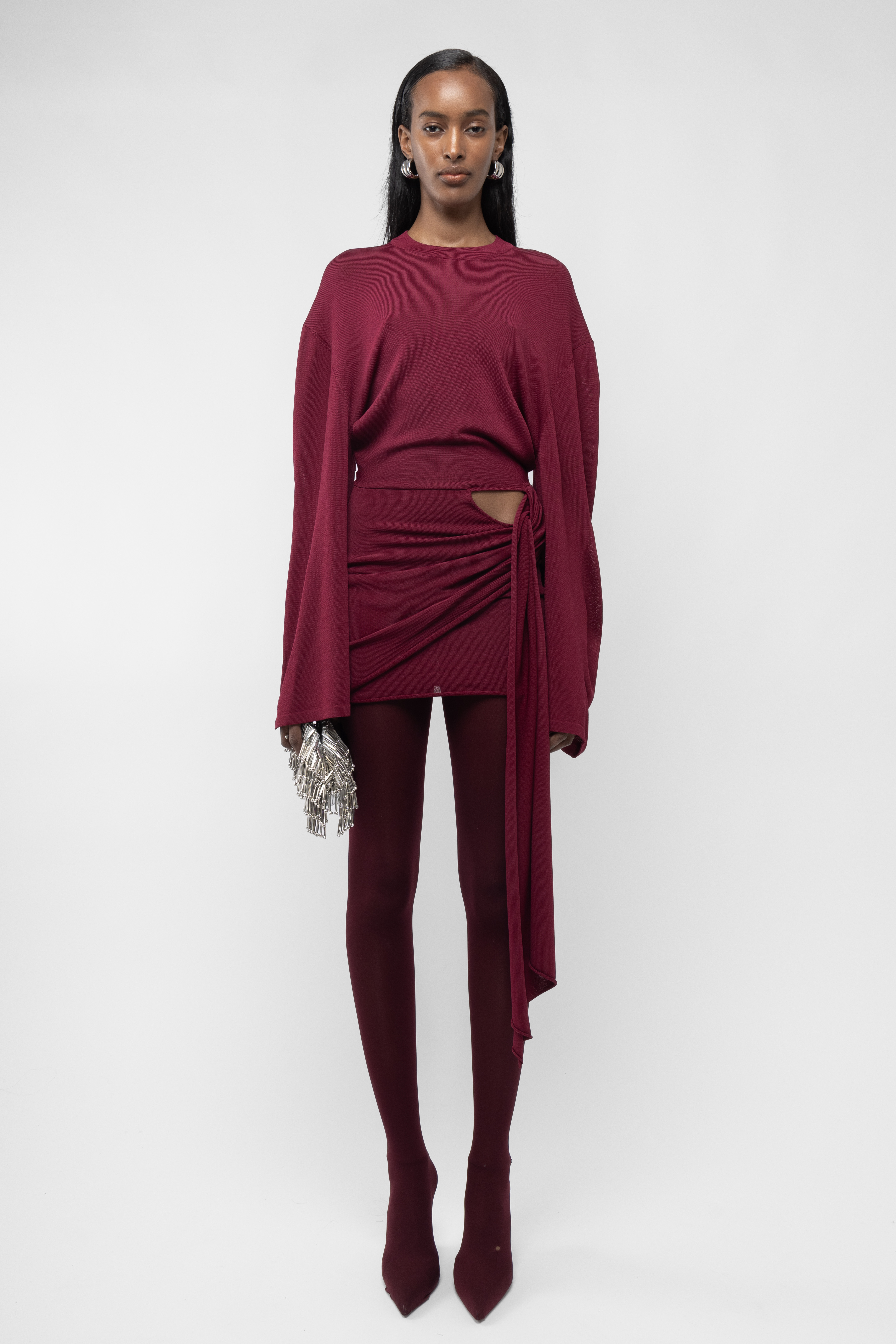 Arakii Drape Longsleeve Dress In Burgundy